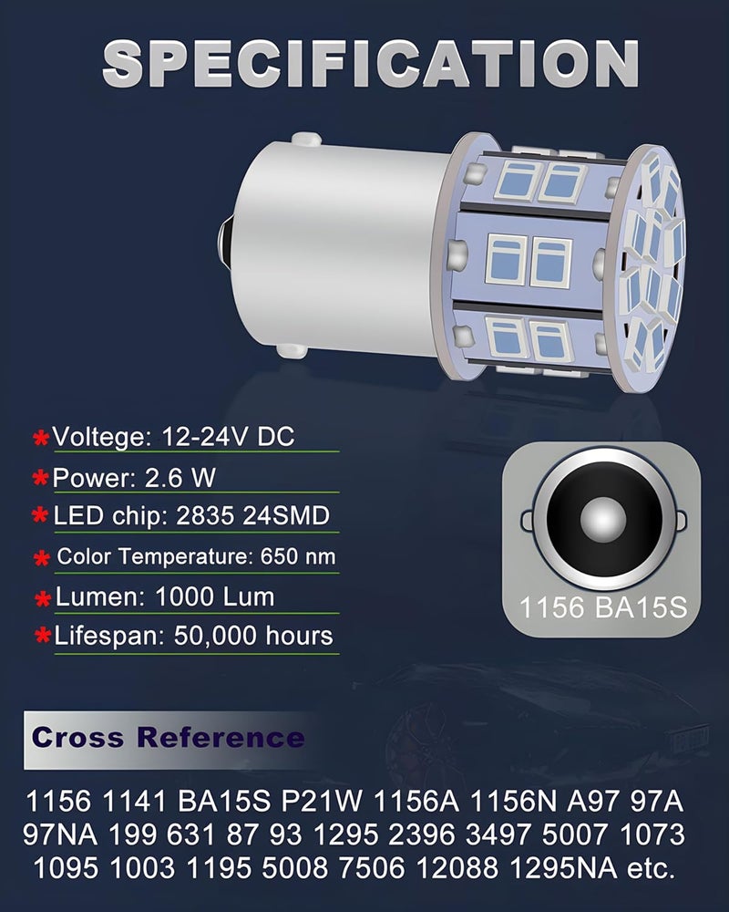 LEDYOTRY لمبة LED 1156 حمراء 12V-24V فائقة السطوع منخفضة الطاقة p21w 7506 1141 BA15S 1003 لمبة LED لمصابيح الفرامل/المؤخرة، مصابيح الوميض، مصابيح الإشارة/مواقف السيارات، عبوة من 2 - Image 2